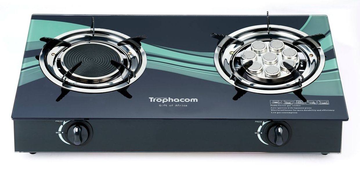 2-burner glass gas stove, teal wave – Trophacom GS-02