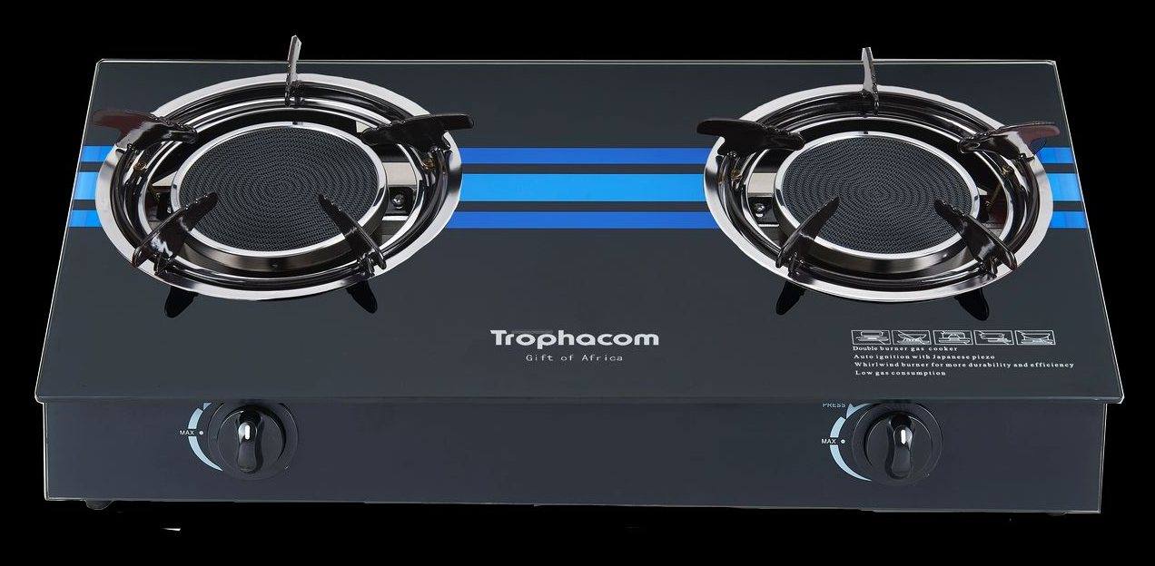 2-burner glass gas stove, blue stripe – Trophacom GS-03