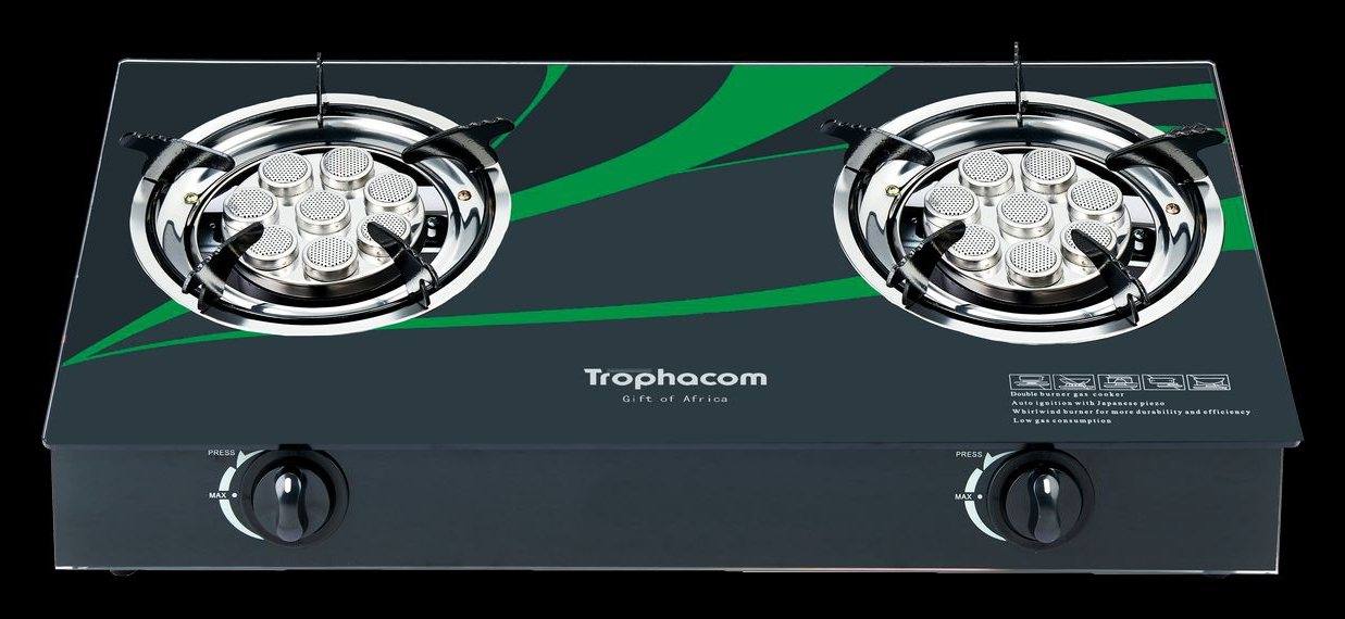 2-burner glass gas stove, green swoosh – Trophacom GS-05