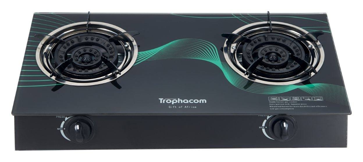 2-burner glass gas stove, teal ribbon – Trophacom GS-11